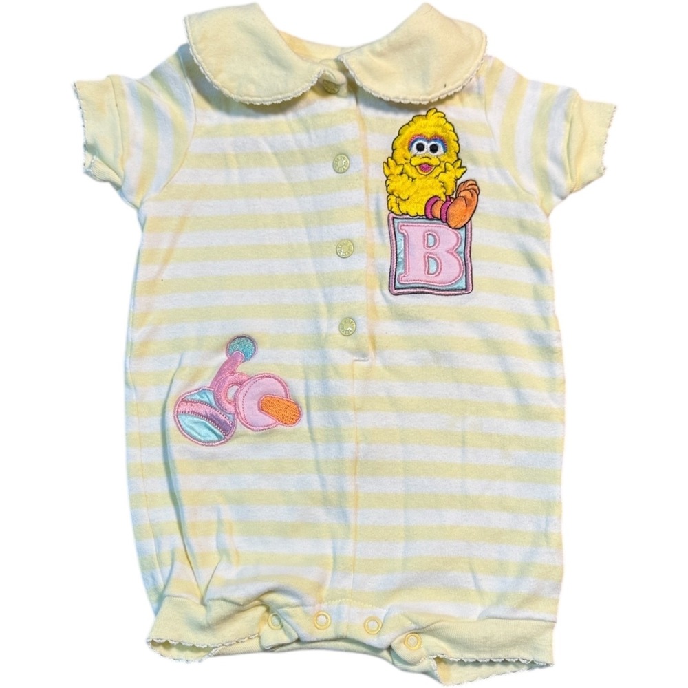 Sesame Street Big Bird Romper‎ 3-6M Yellow Striped Baby One Piece Outfit